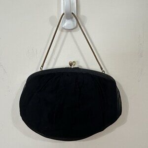 Black Chiffon Overlay Clutch Purse Gem Clasp Coin Pocket Vintage Look